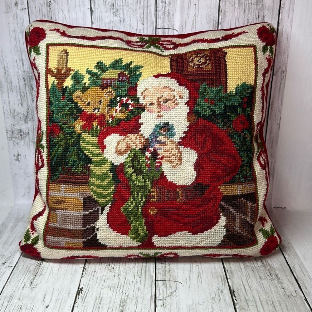 Vintage Christmas Santa Cross Stitch Velvet‎ Throw Pillow 13”x12”